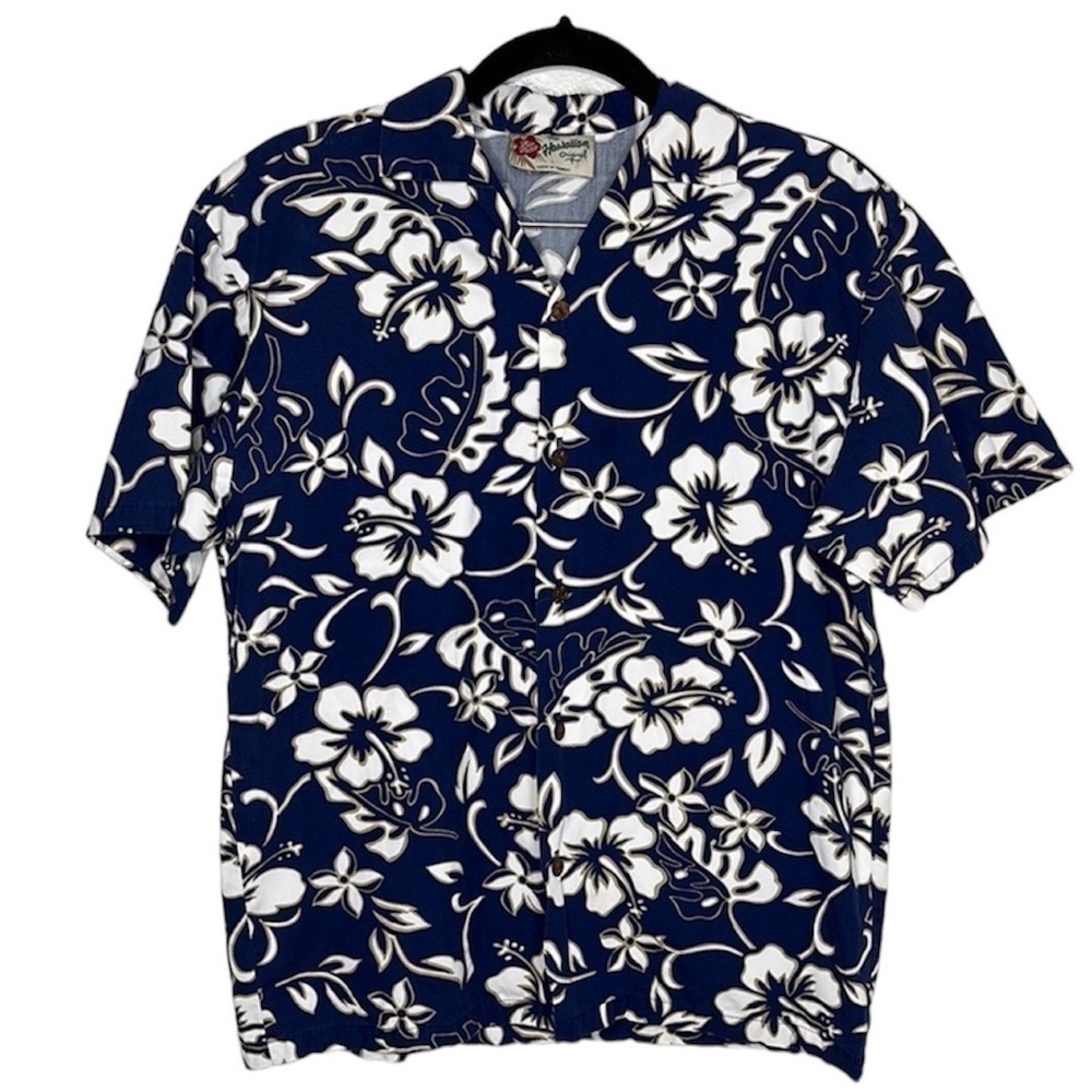 Hilo Hatties Blue Floral Hawaiian Button Up Short Sleeve Shirt Sz L